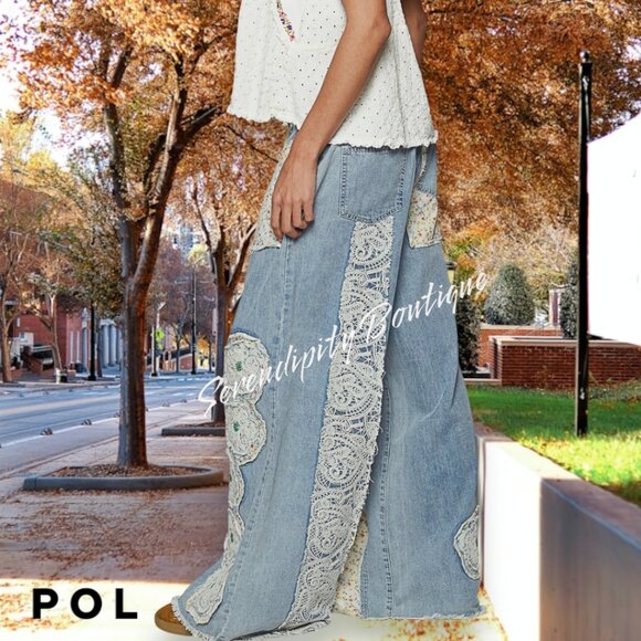 POL Super Baggy Floral Lace Patchwork Faded Oversized Wide Leg Baggy Denim Jeans - Picture 2 of 9